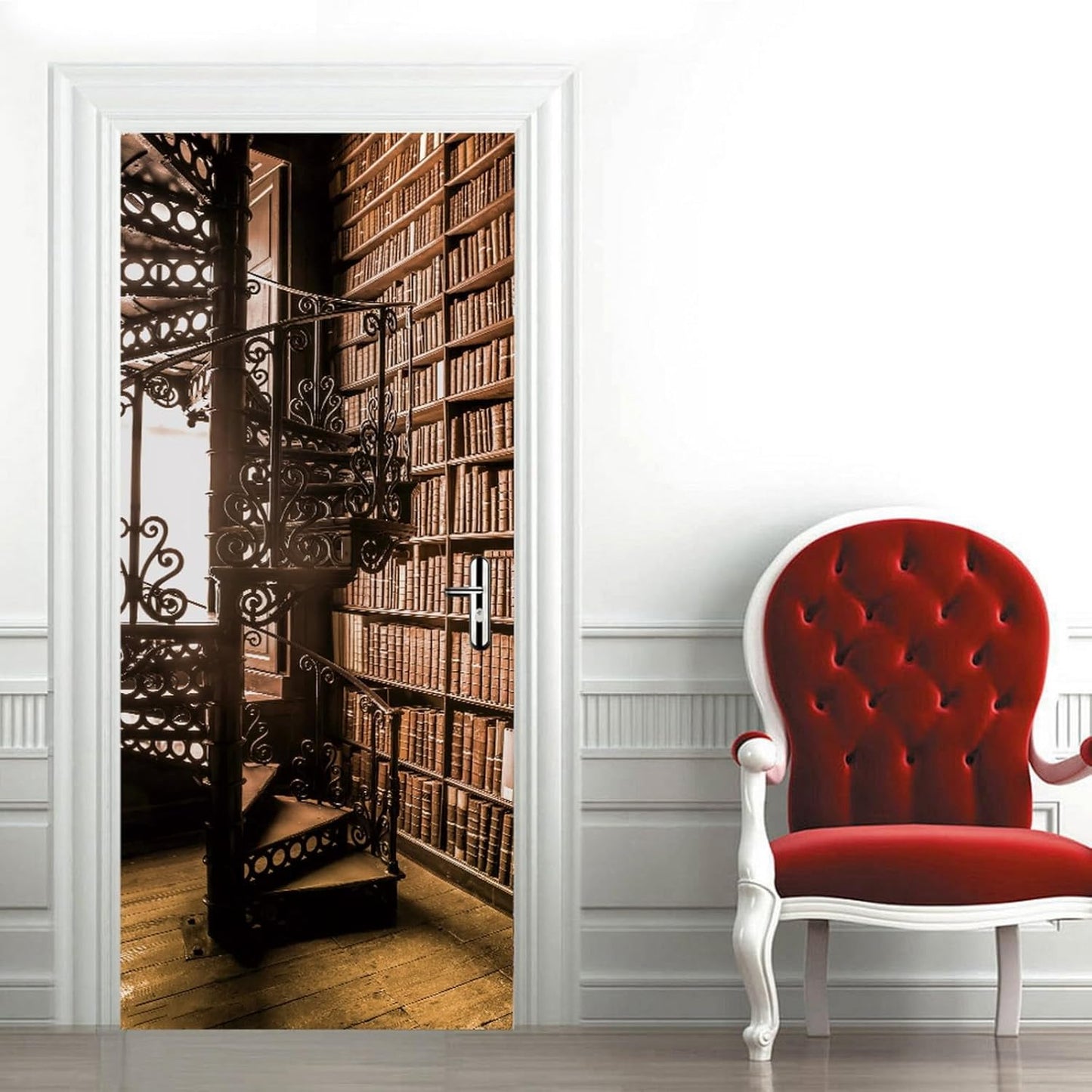 3D Door Stickers for Interior Doors Bookshelf with Books and Spiral Staircase in an Old Library Vinyl Waterproof Self Adhesive Door Mural Decals for Bedroom Office Bathroom 77 x 200cm