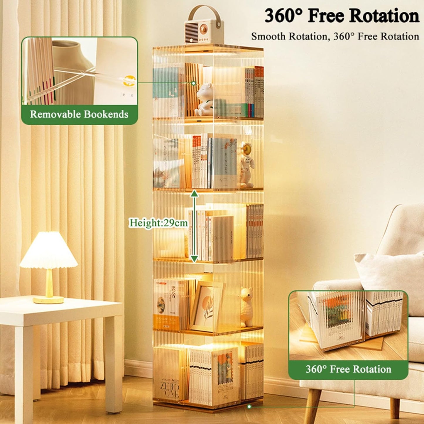 Display Cabinet Toys Display Shelf，Rotating Bookshelf Tower 360 Degree Revolving Bookcase, Spinning Bookshelf, Transparent Acrylic & Bamboo Rotating Bookcase for Bedroom and Living Room, STU