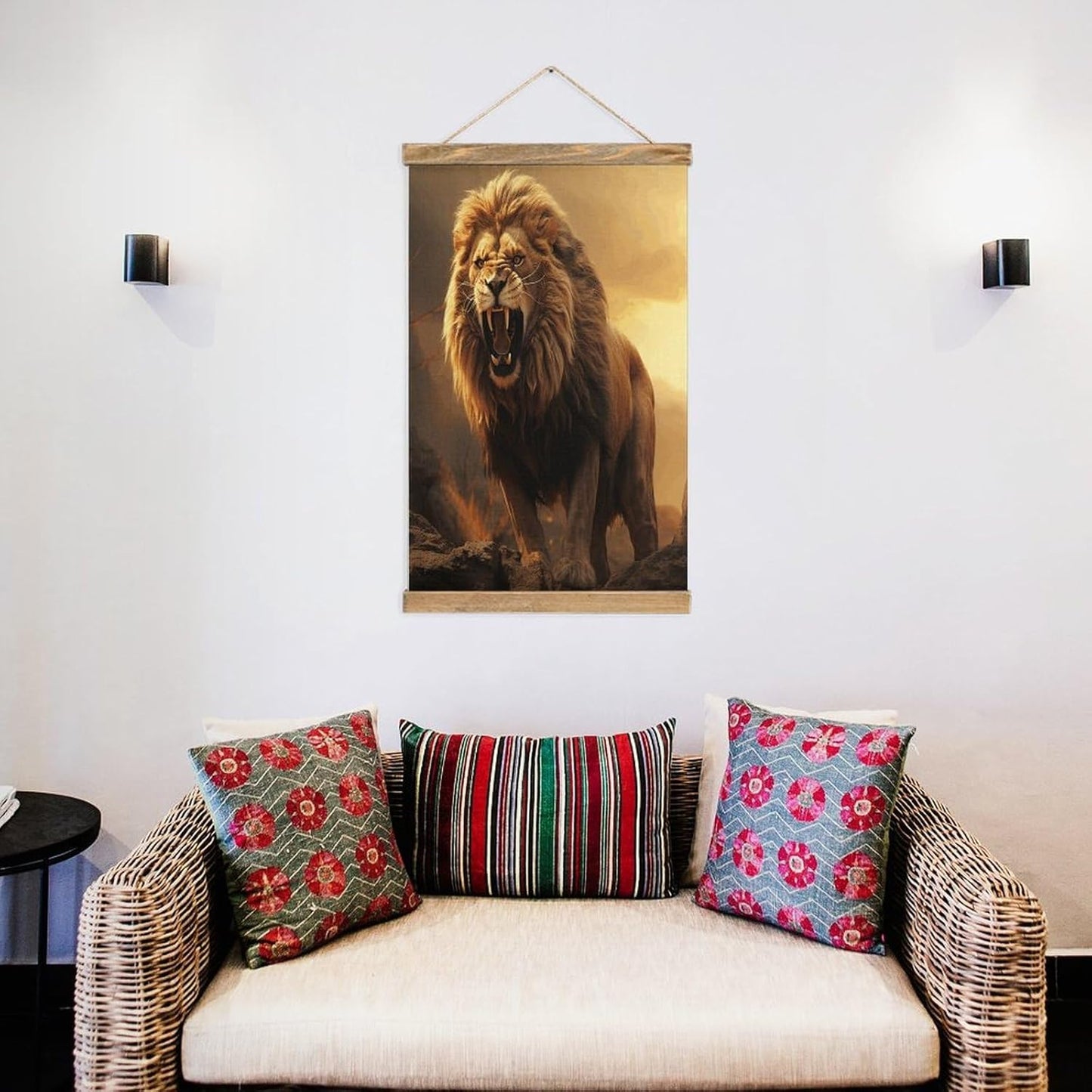Vintage Angry Roaring Lion Poster with Wooden Frame Personalized Linen Hanging Scroll Painting Rustic Wall Hanging Illustrative Modern Artwork Decor for Home Living Room Bedroom Office