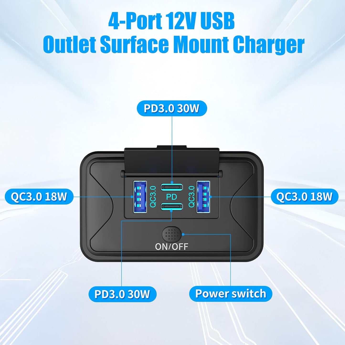 78W 4 Port 12V USB Outlet Wall Mount, Dual 36W PD & Dual 18W QC3.0 Lightweight Surface Mount Charger Socket Panel with Button Switch for Bus RV Truck Marine Golf Cart