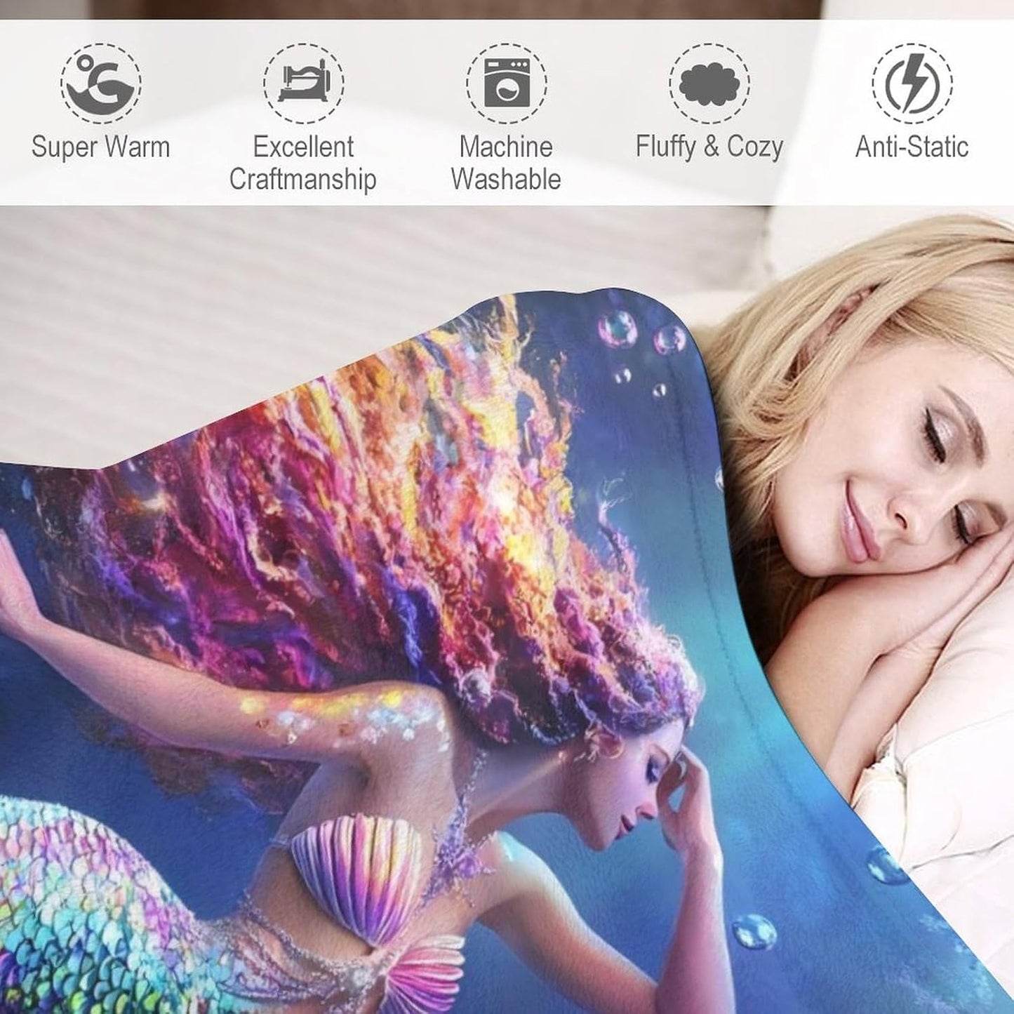 Mermaid Blanket, Ocean Mermaid Gifts Jellyfish Decor Pictures Blankets, Mermaids Throw Blanket for Sofa Couch Bed Living Room Soft Warm Cozy for Adults Kids Men Women 40"x50"