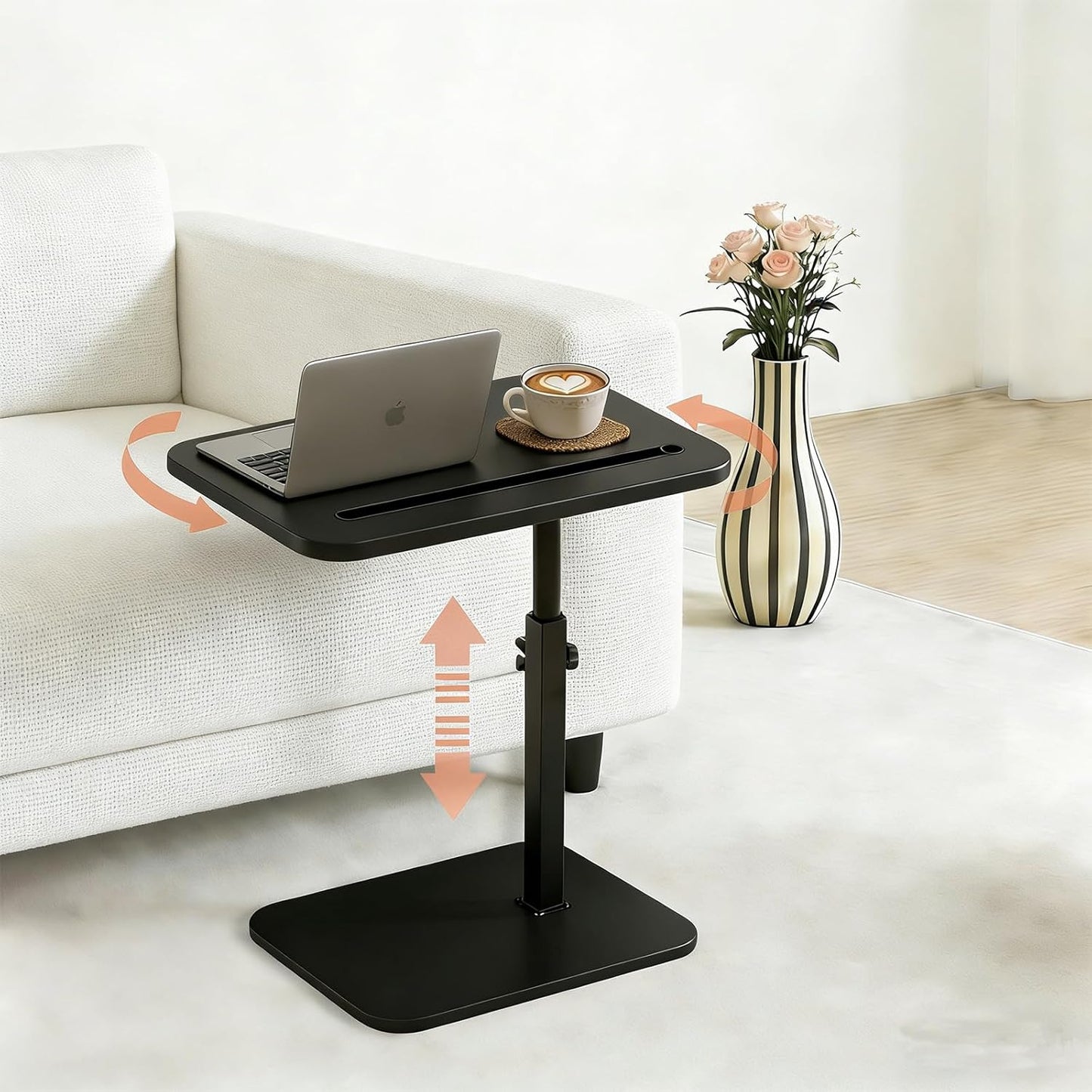 TV Tray Table for Couch, 360° Swivel Height Adjustable TV Tray Table, C Shaped End Table Slides Under Sofa, Snack & Laptop Side Tray for Small Spaces, Black