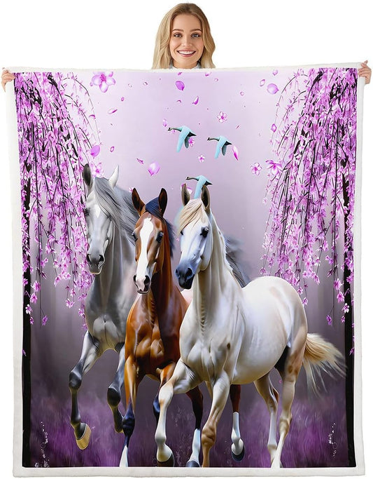 Feelyou Boys Horse Sherpa Blanket Cherry Blossom Branches Kids Women Lavender Purple Fleece Throw Blanket Girls Teens Galloping Horse Fuzzy Blanket for Sofa Bed Couch Animal Decor,Twin 60x80 Inches