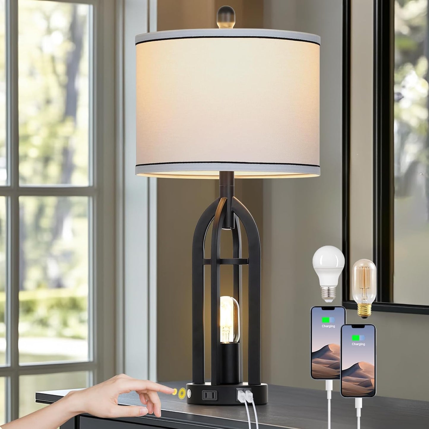 27" Tall Vintage Table Lamp with USB C+A & Outlet,Black Industrial End Table Lamp for Living Room,Farmhouse Rustic Bedside Lamps with Night Light for Bedroom Nightstand,Black（2 LED Bulbs Included）