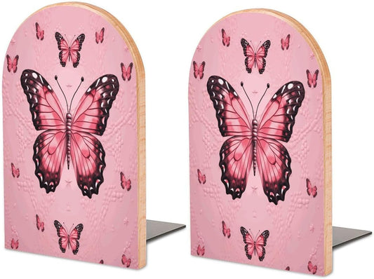 Butterfly Pink Bookend for Shelves Wooden Book End Large Size Sturdy Book Holders Stoppers with Metal Base for Bookshelves Slick Decorative Bookends Stands