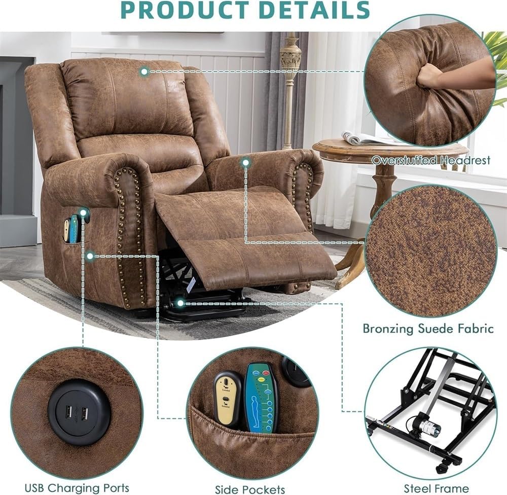 Power Lift Recliner Chair with Heat and Massage, Electric Leather Recliner with USB Port, Adjustable Lift Chair with Remote Control and Side Pockets for Living Room