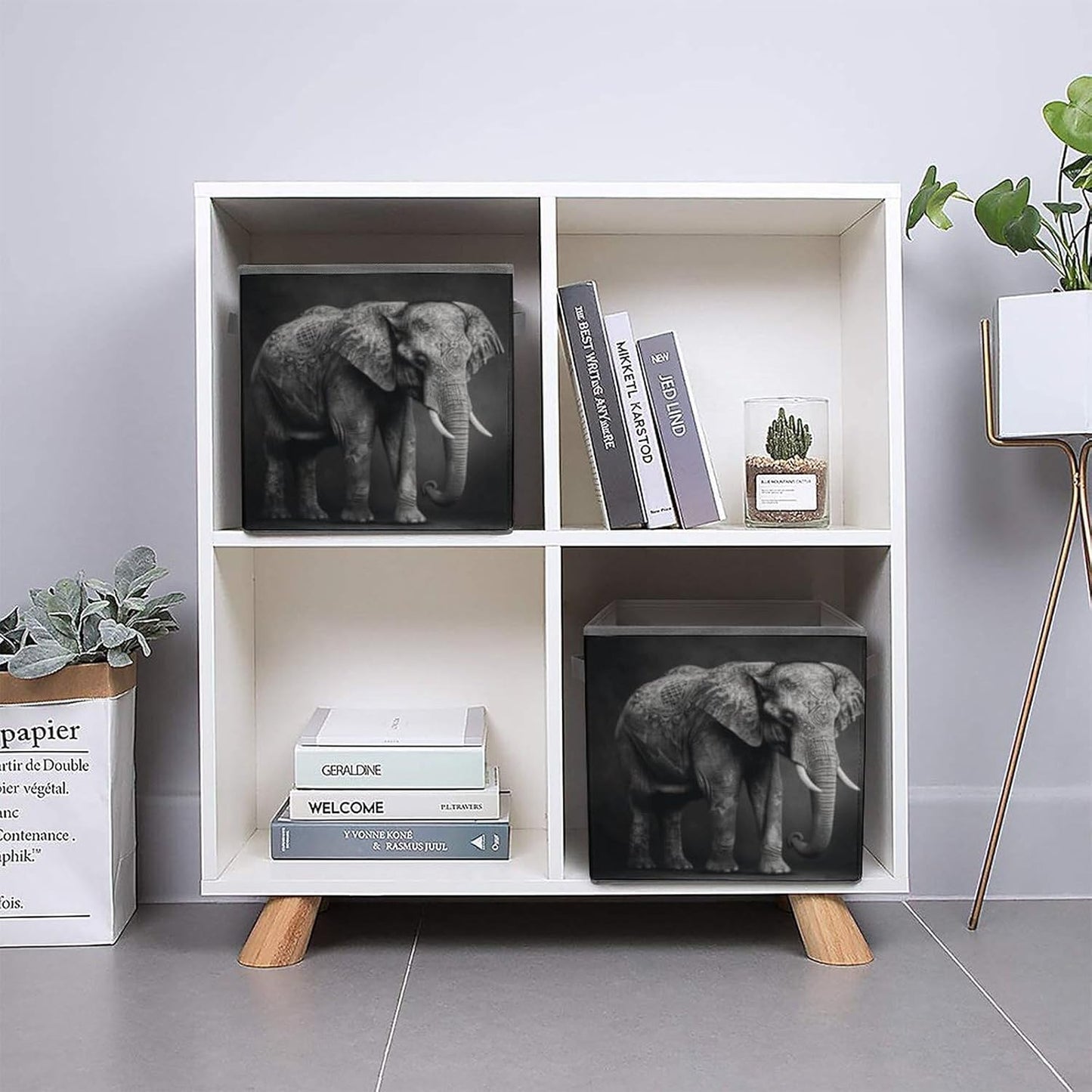 Black And White Elephant Image Storage Bins with Handles Fashion Large Storage Cubes Sturdy Foldable Storage Boxes Space-Saving Storage Baskets for Home Office Clothes Closet Organizers