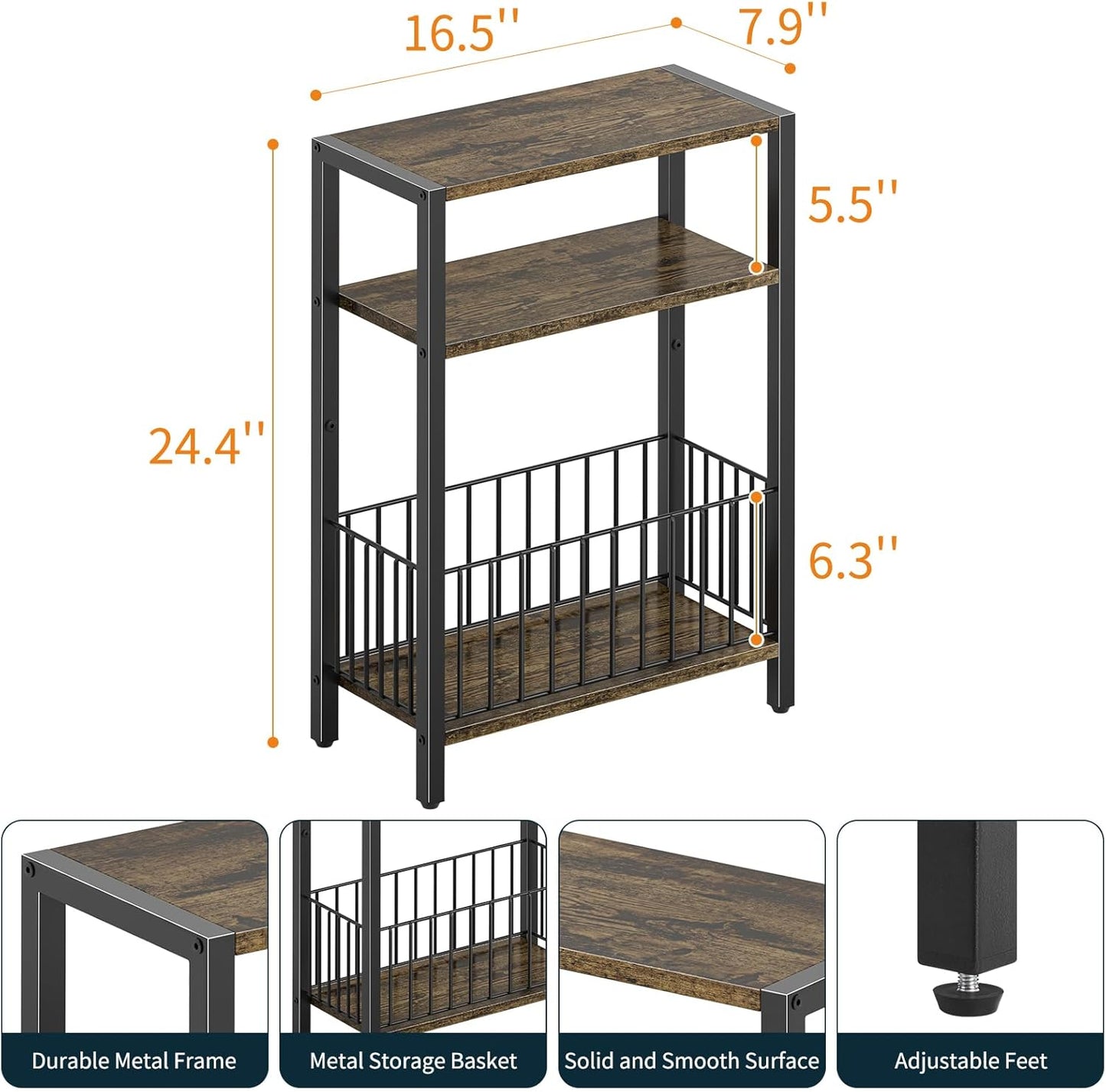 Yoobure Narrow Side Table with Storage Basket, Small End Table for Small Spaces Skinny Side Tables Living Room Bedroom, Slim Nightstand 3 Tier Bedside Table Space-Saving for Magazine, Rustic Brown