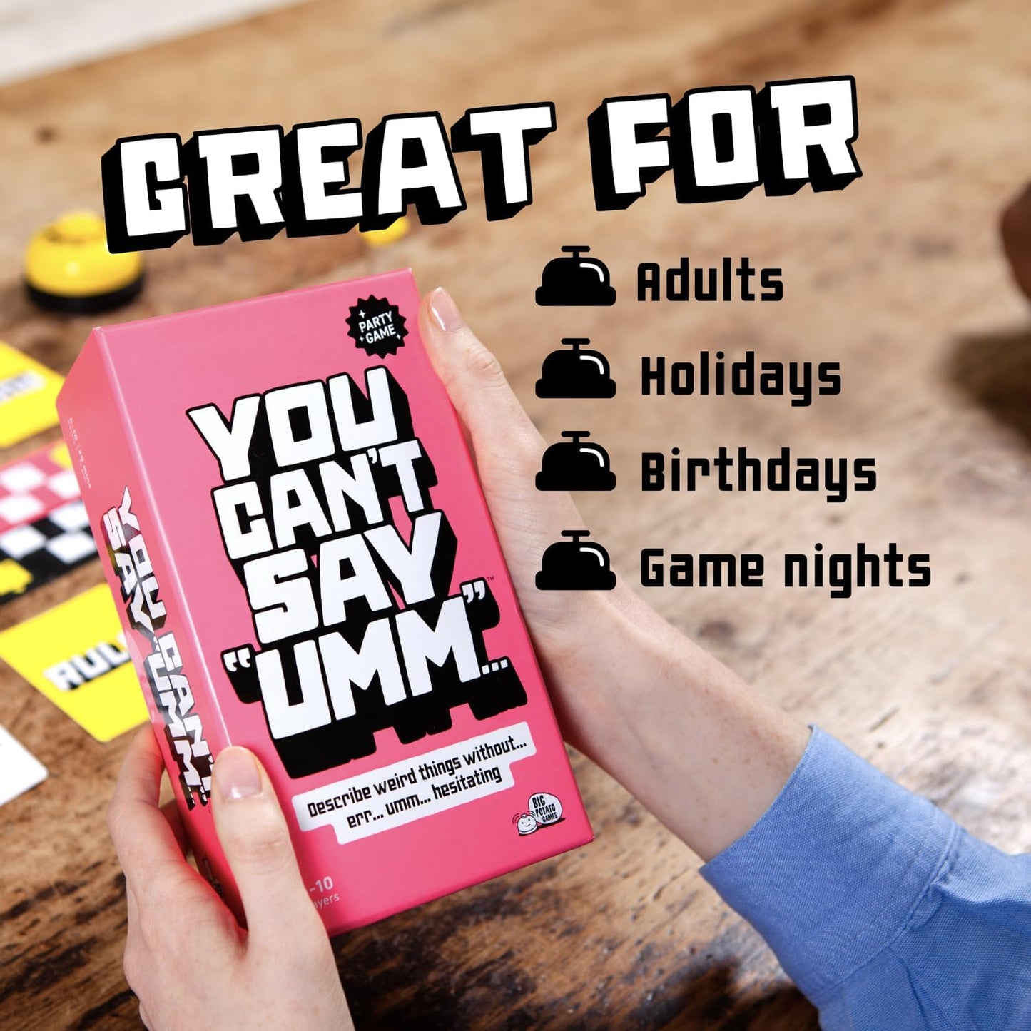 Big Potato You Can't Say UMM: A Party Game for Family and Adults, Fast-Paced Family Word Game, Must Have for Game Night, Bonus Content Included