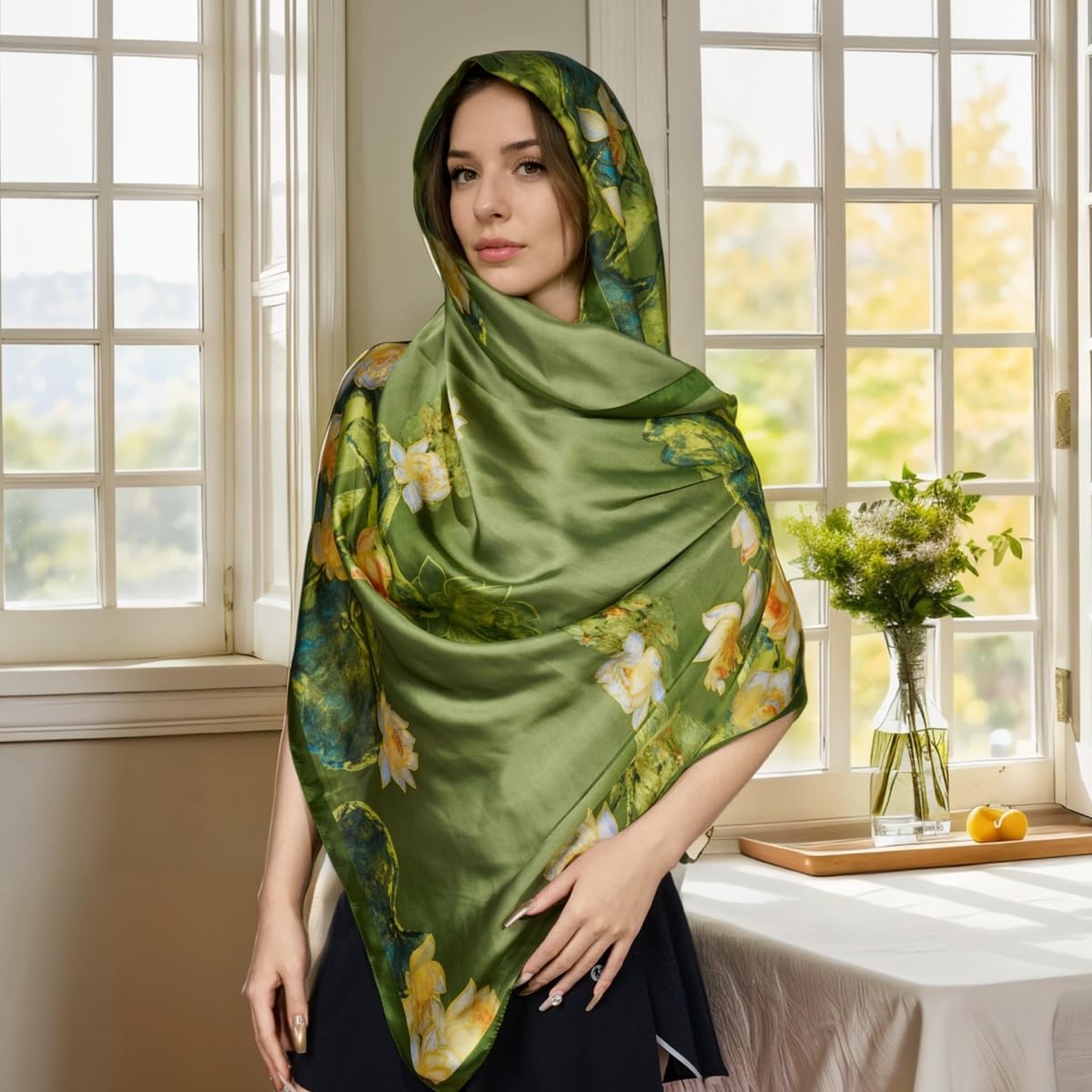 Silk Feeling Scarf for women Lightweight Long Floral Scarves Shawl Wraps Elegant Evening Dresses Satin Shawls Scarfs