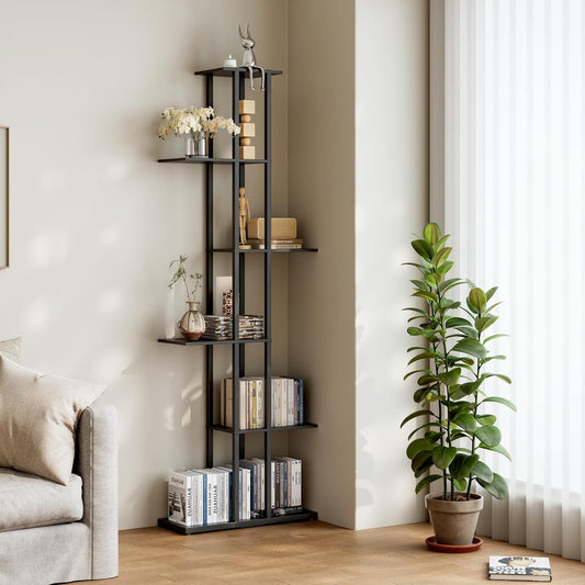 6 Tier Corner Bookshelf，Slim Open Bookshelf，Small Book Shelf for Small Spaces，Living Room, Home Office, 9.45 x 20.8 x 62.2 Inches,（1PC+Rustic Borwn