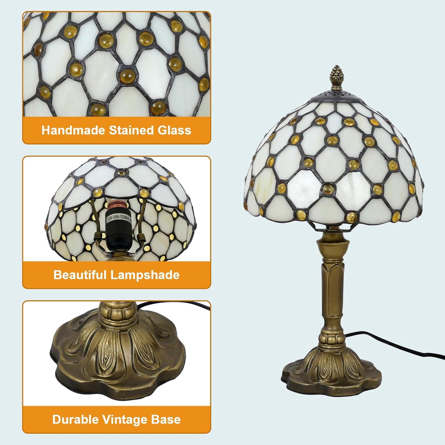 Tiffany Style Table Lamp Beige Beads Vintage Bedside Table Light Desk Lamps Accent Small Lamp 14" Tall 8" Wide Reading Lamp with Color Changing LED Bulb