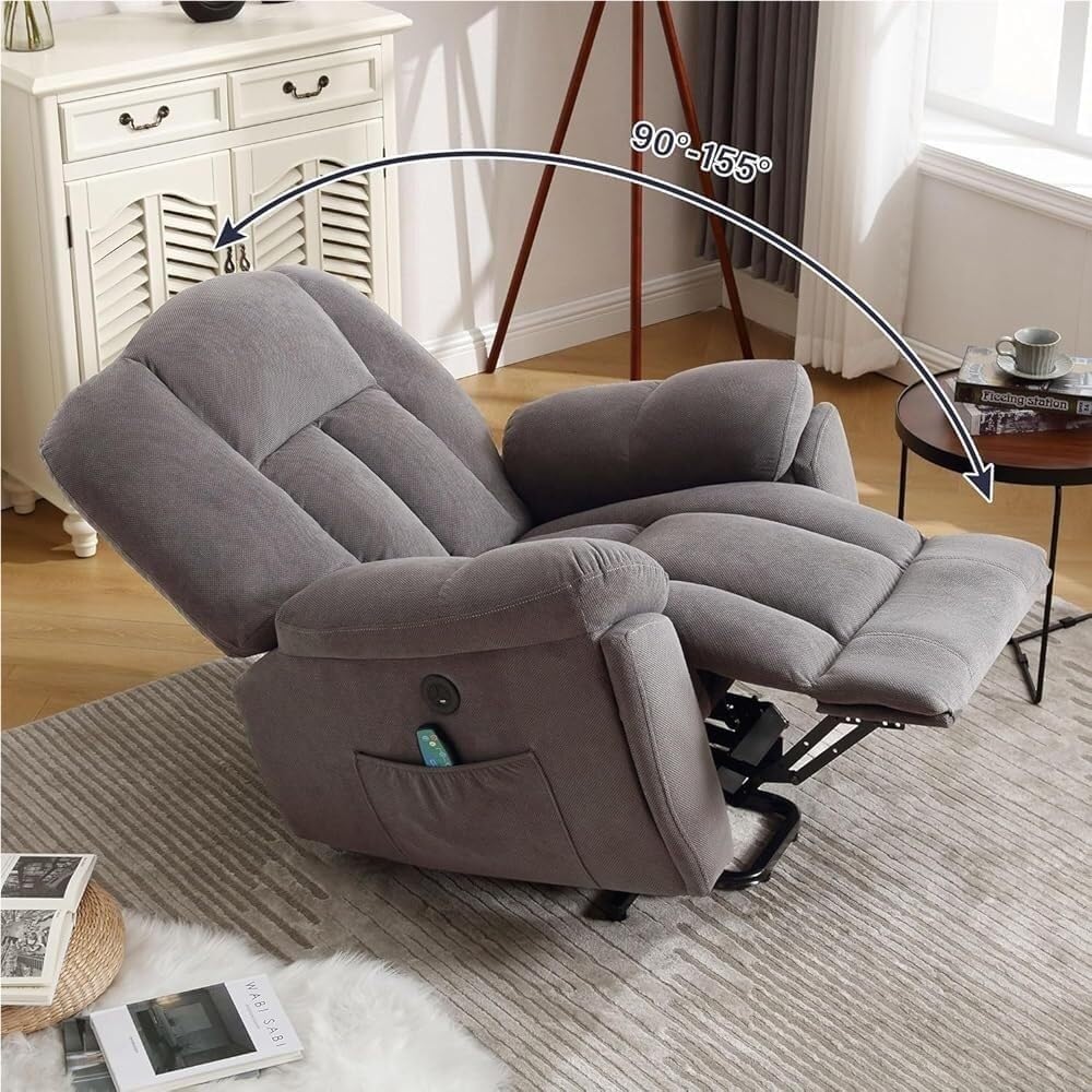 Large Electric Lift Recliner Chair with Heat and Massage Electric Standing Assist Sofa Zero Breathable Fabric with Side Pocket and USB Charge Port for Living Room