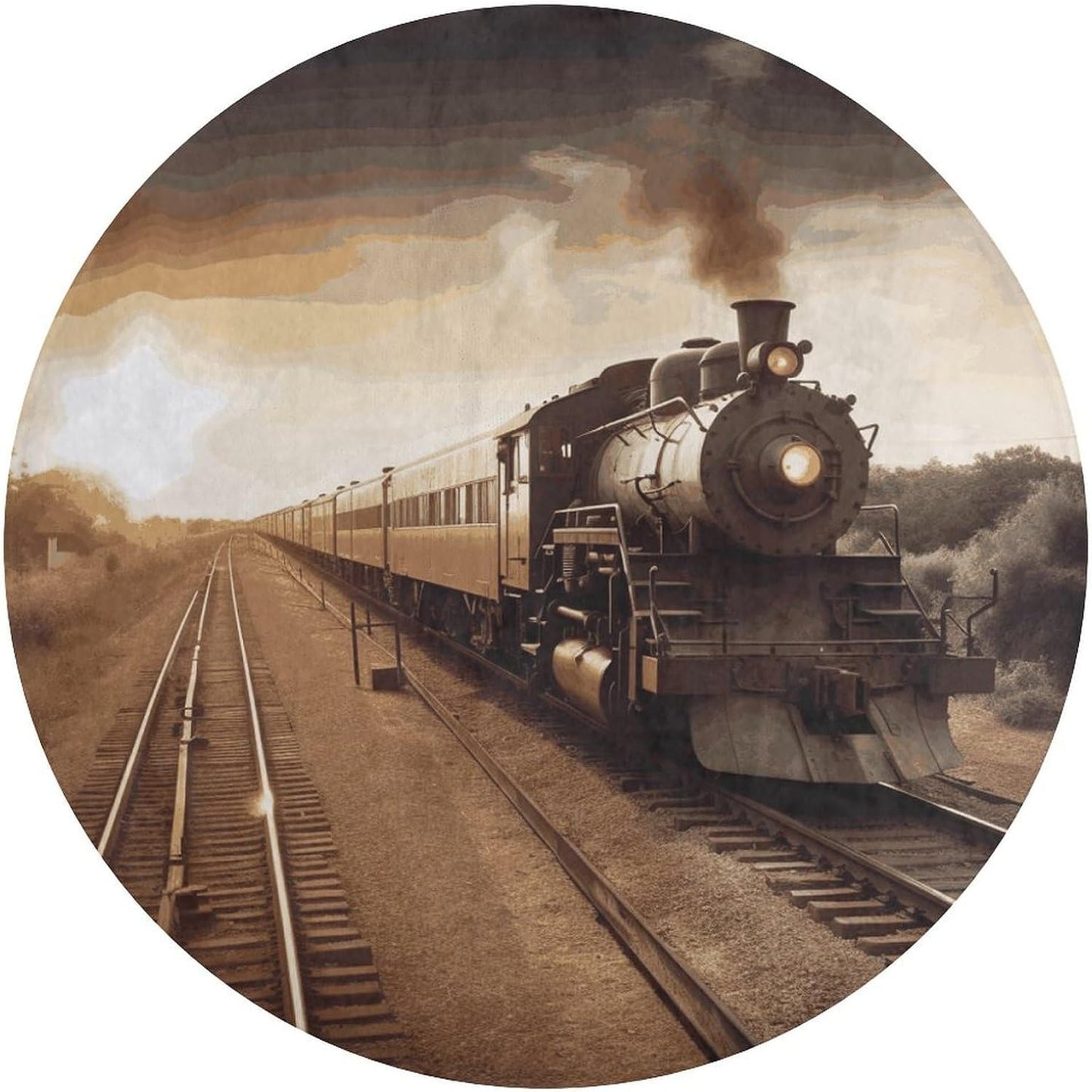 Train and Railway Circle Rug Retro Luxury Coral Velvet Floor Mat Non Slip Soft Indoor Floor Carpet Comfy Thickened Area Rugs Modern Aesthetic Minimalist Carpets for Home Decor