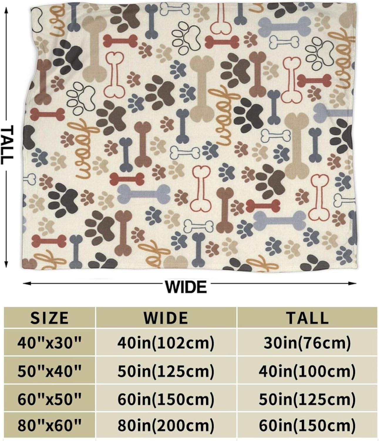 Dog Paws and Bones Print Throw Blanket Flannel Fleece Blankets Soft Plush for Sofa Couch Bedroom Gift 50"X40"