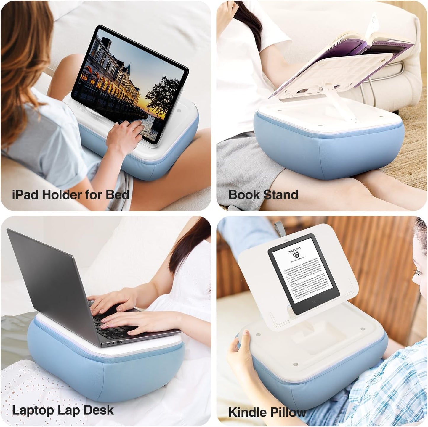 elitehood Tablet Pillow Stand, Foldable iPad Stand for Lap, Adjustable Book Bed Holder for Reading, Pillow Pad for 4.7"-15.6" Tablets, iPad Pro 11, 13, Air, Kindle, Galaxy Tab, Books, Blue