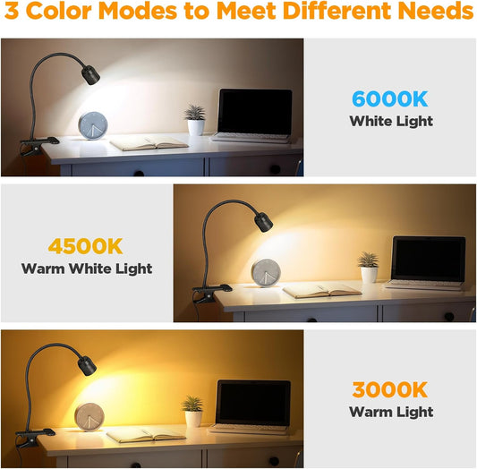 Dimmable LED Clip Light for Bed Reading, 360° Flexible Gooseneck Clamp Lamp with 3 Color Modes & 10 Brightness Levels, USB Powered Book Light for Headboard, Desk, Dorm & Study
