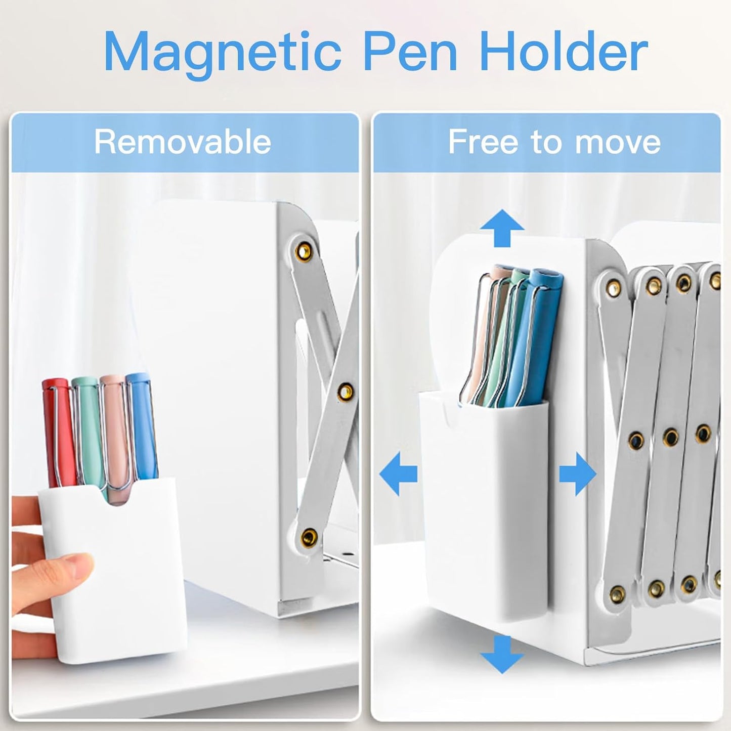 Adjustable Metal Bookends with Detachable Magnetic Pen Holder - Durable Expandable Book Stand for Desk, Office, and Home Decorative Bookends