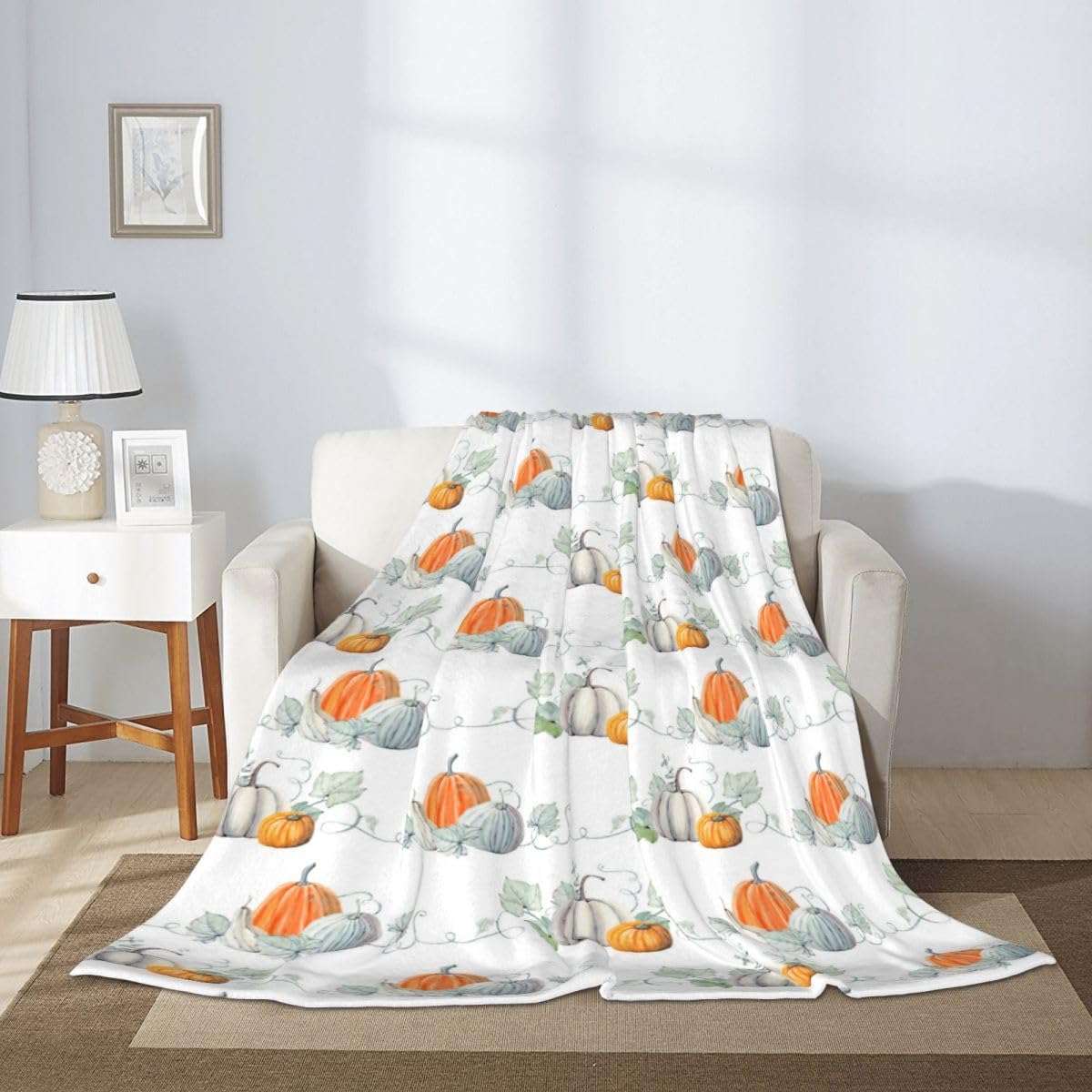 Fall Pumpkin Throw Blanket, Watercolor Blue and Orange Pumpkin Pattern, Warm Soft Cozy Flannel Bed Blankets, Modern Farmhouse Decor for Bed, Couch, Sofa and Chair, 60 x 80 inches