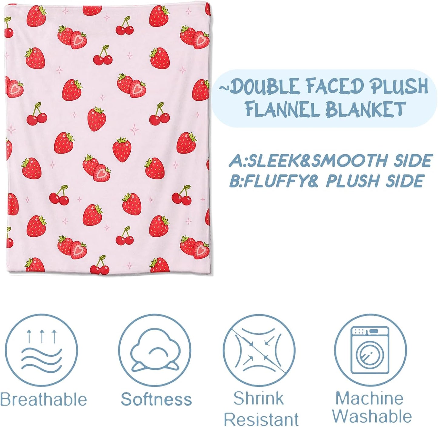 Cute Strawberry Flannel Blanket, Soft Cozy Throw with Cherry Fruit, Playful Cheerful Home Bedroom Decor and Gifts for Women Kids Girls, Lightweight Blankets for All Seasons, 50x60 Inch