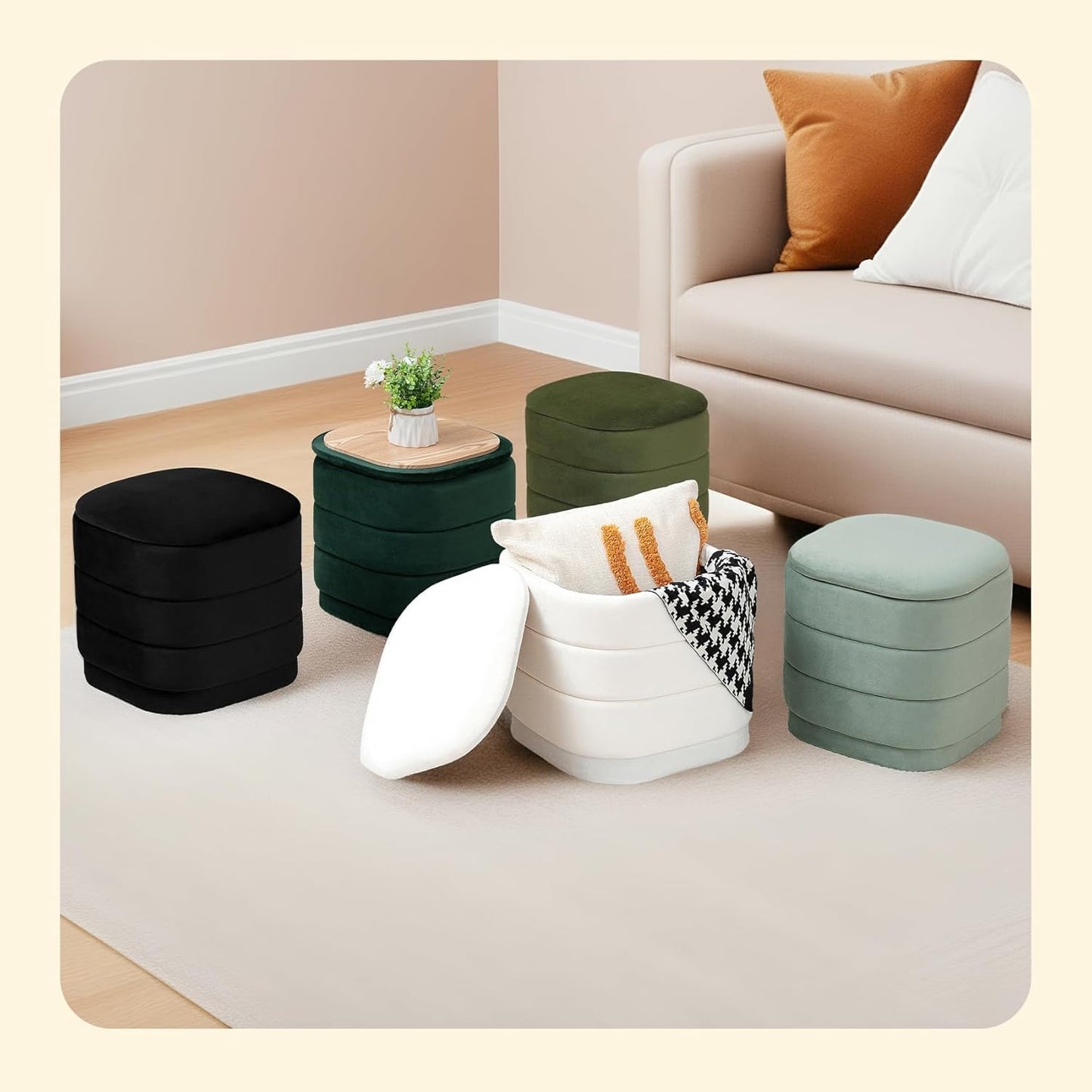 PINPLUS Ottoman with Stroage Square Velvet Ottoman and Tray Removable Foot Rest Coffee Table for Dorm, Living Room,Bottle Green 15" D x 15" W x 15" H