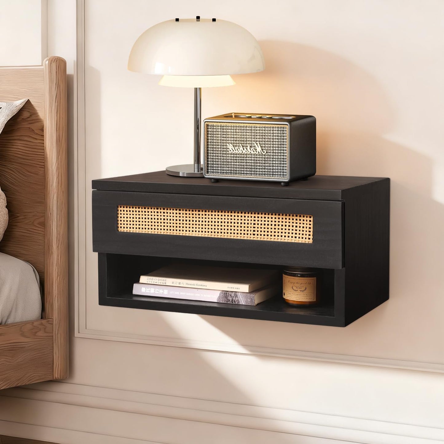 Floating Nightstand, Small Modern Rattan Floating Nightstand with Drawer, Floating Shelves for Bedroom, Bathroom Minimalist and Unique Style 16”x 10”x 8”Black