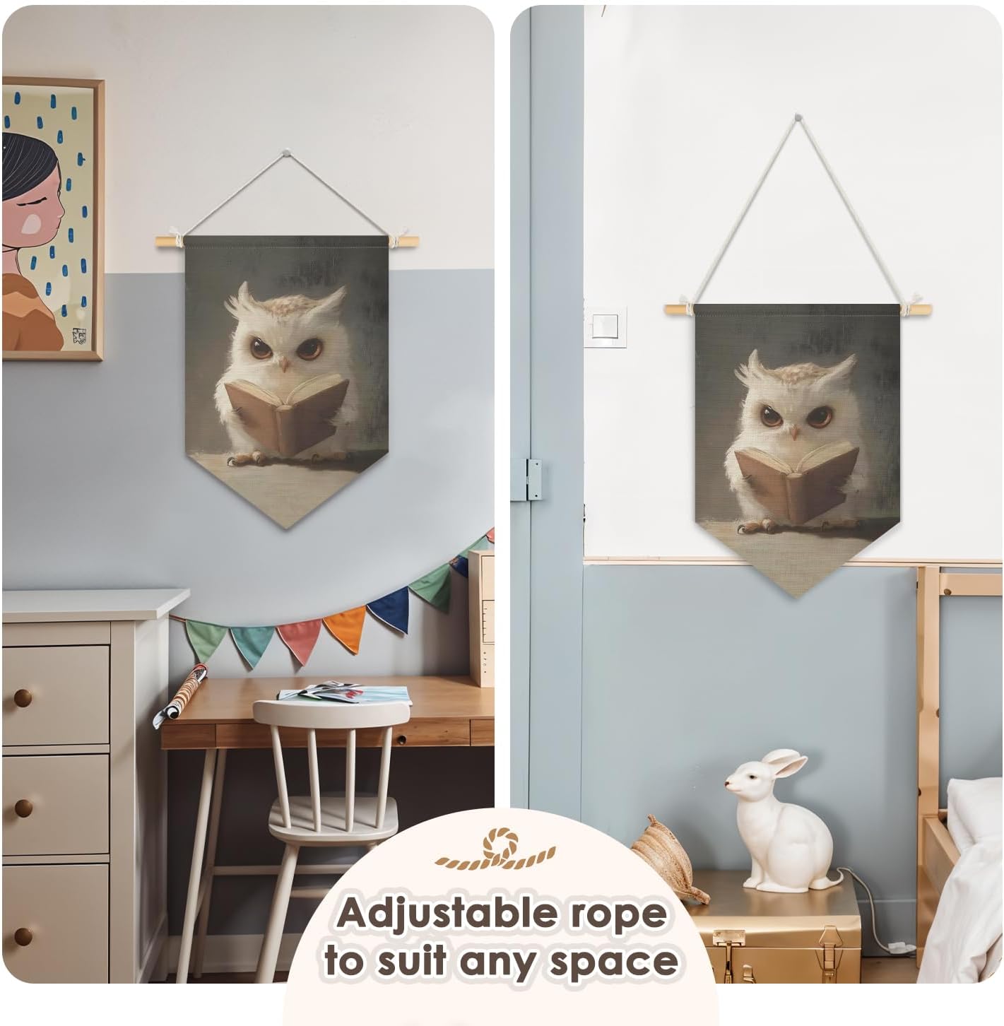 Wheatwin Kids Room Decor, Cute Owl Reading Book Wall Hanging Pennant Flag Banner, Owl Wall Decor for Boys Girls Toddler Nursery Reading Corner Nook Room Bedroom Classroom 15x11 Inch