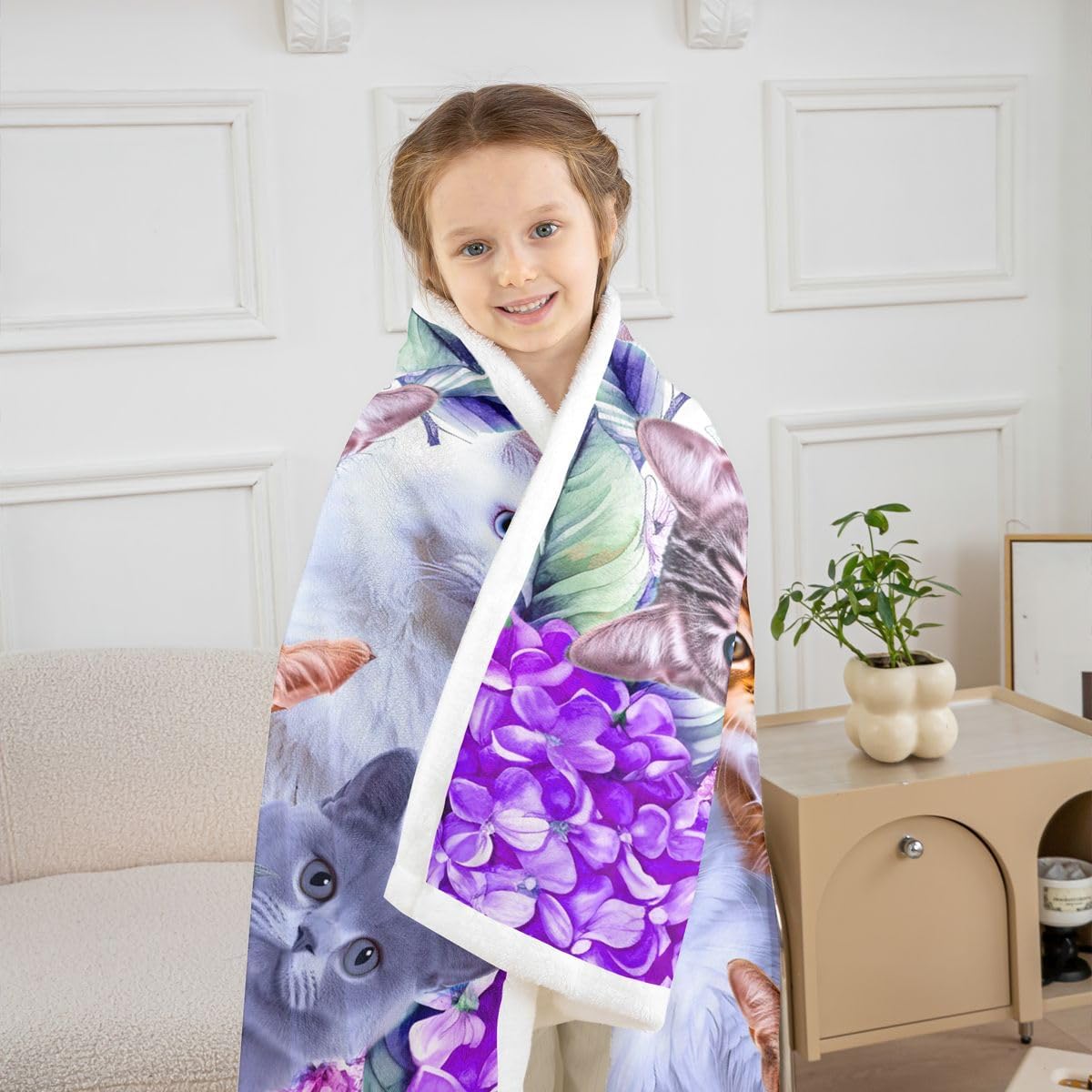 Feelyou Cute Cat Sherpa Blanket Pet Funny Cats Toddler Fleece Throw Blanket for Kids Boys Girls Lovers Cat Floral Purple Fuzzy Blanket for Sofa Bed Couch Feline Animal Lovely Decor,Twin 60x80 Inches