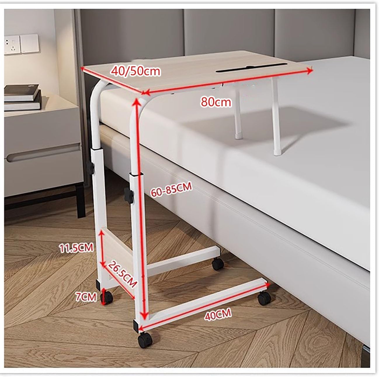 Adjustable Overbed Table,Laptop Cart Bed Table Desk,Standing Workstation Laptop Cart,Overbed Table with 360° Wheels,Height Adjustable,for Eating,Working or Reading.(Natural,31.5 x 19.7 x 23.6 in)