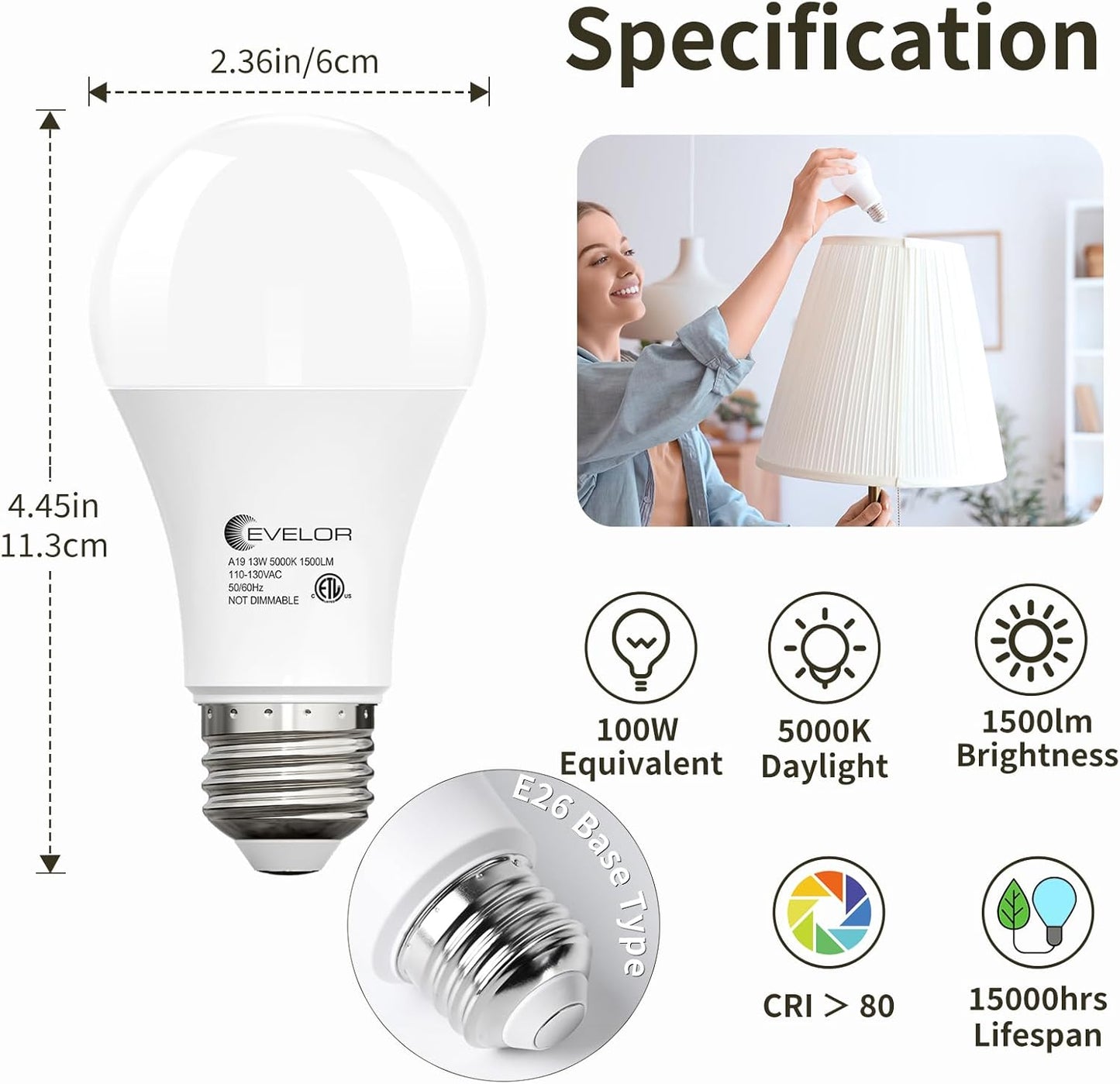 6-Packs A19 LED Light Bulbs,100 Watt Equivalent Daylight 5000K Bright Bulbs Efficient 13W,1500 Lumens E26 Base, Non-Dimmable, 15000-Hour Lifespan for Bedroom, Living Room, Office