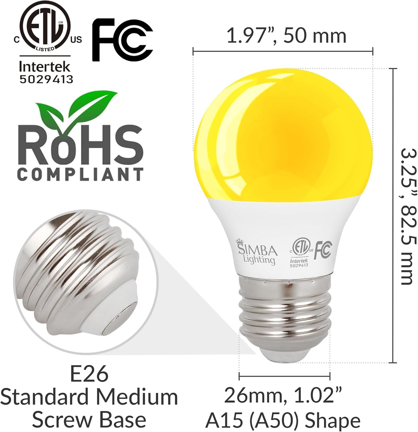 Simba Lighting LED Bug Non-Attracting Yellow Bulb ETL Listed 5W 40W Equivalent (4 Pack), Great for Outdoor Porch Light, Patio, Security, Night Light, Amber Warm Light, Compact A15 Shape E26 Base