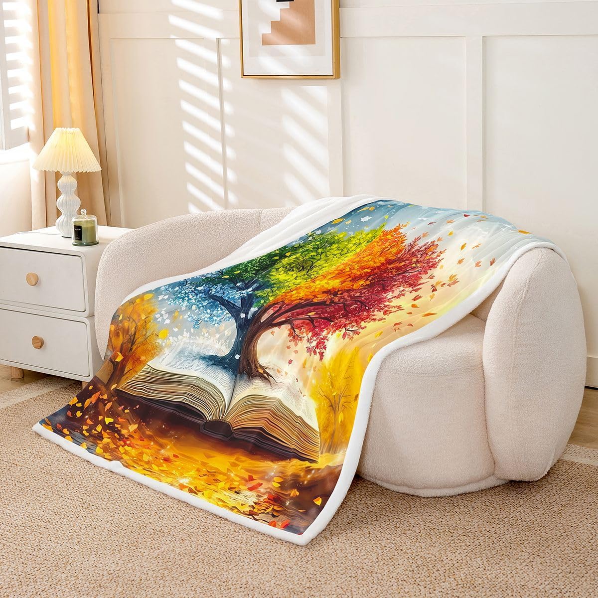 Manfei Life Tree Throw Blanket Book Reading Lover Soft Cozy Fluffy Blanket for Bed Sofa Couch Rustic Style Fall Leaves Blankets Plush for Kids Adults Room Decor 30"x40" Orange Blue