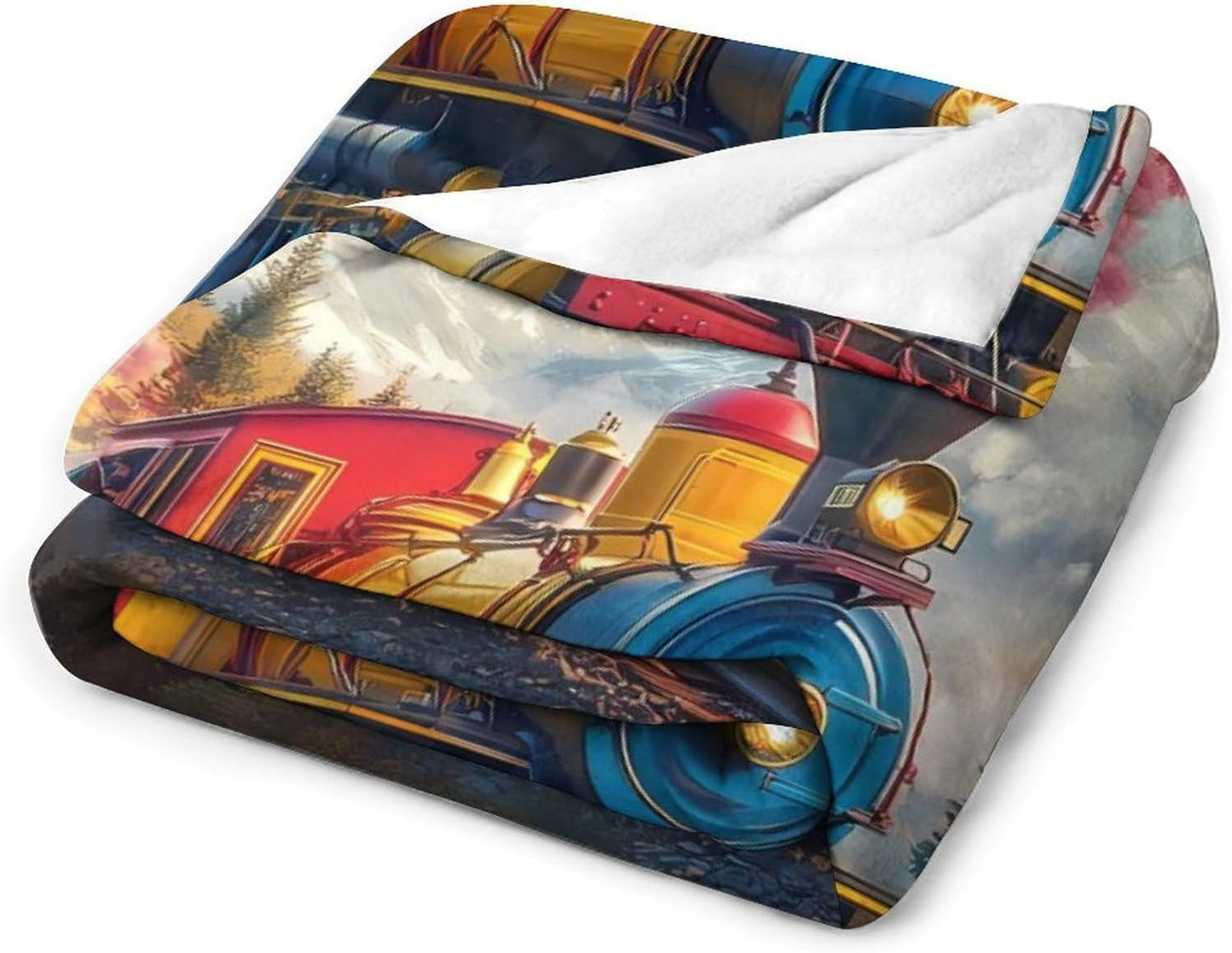 Steam Train Rainbow Cloud Sky Forests Mountain Throw Blanket for Couch Bed Plush Cozy Fuzzy Flannel Blanket for All Season 55"x70"