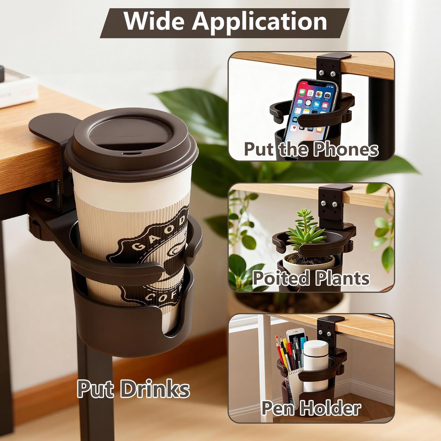 Desk Cup Holder Clip On 360° Rotating Clamp,Deeper Anti-Spill Drink Holders for Water Bottles & Coffee Mugs,Adjustable Clamp Fits Screw On Table for Drinks,Office,Gaming Desk,Home,Black