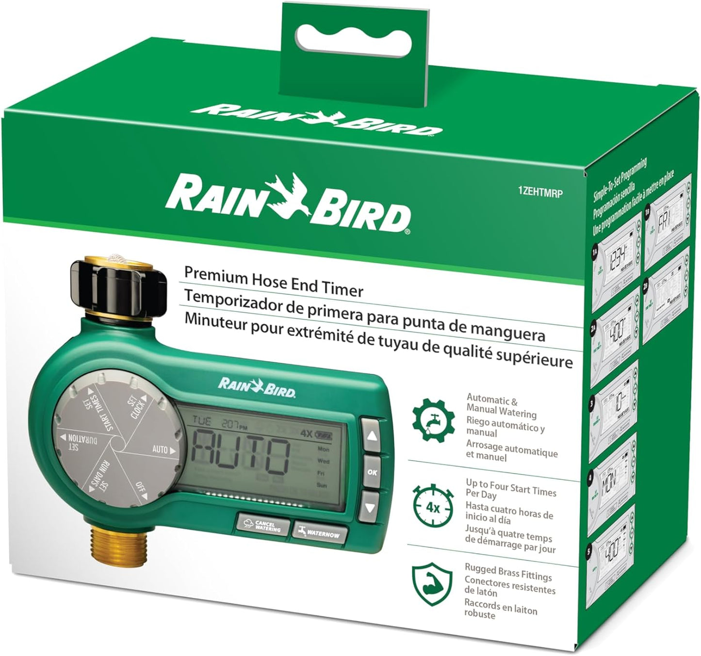 Rain Bird 1ZEHTMRP Premium Professional Grade Electronic Digital Hose End Timer/Controller, One Zone/Station, Battery Operated, Digital with Brass Inlet/Outlet