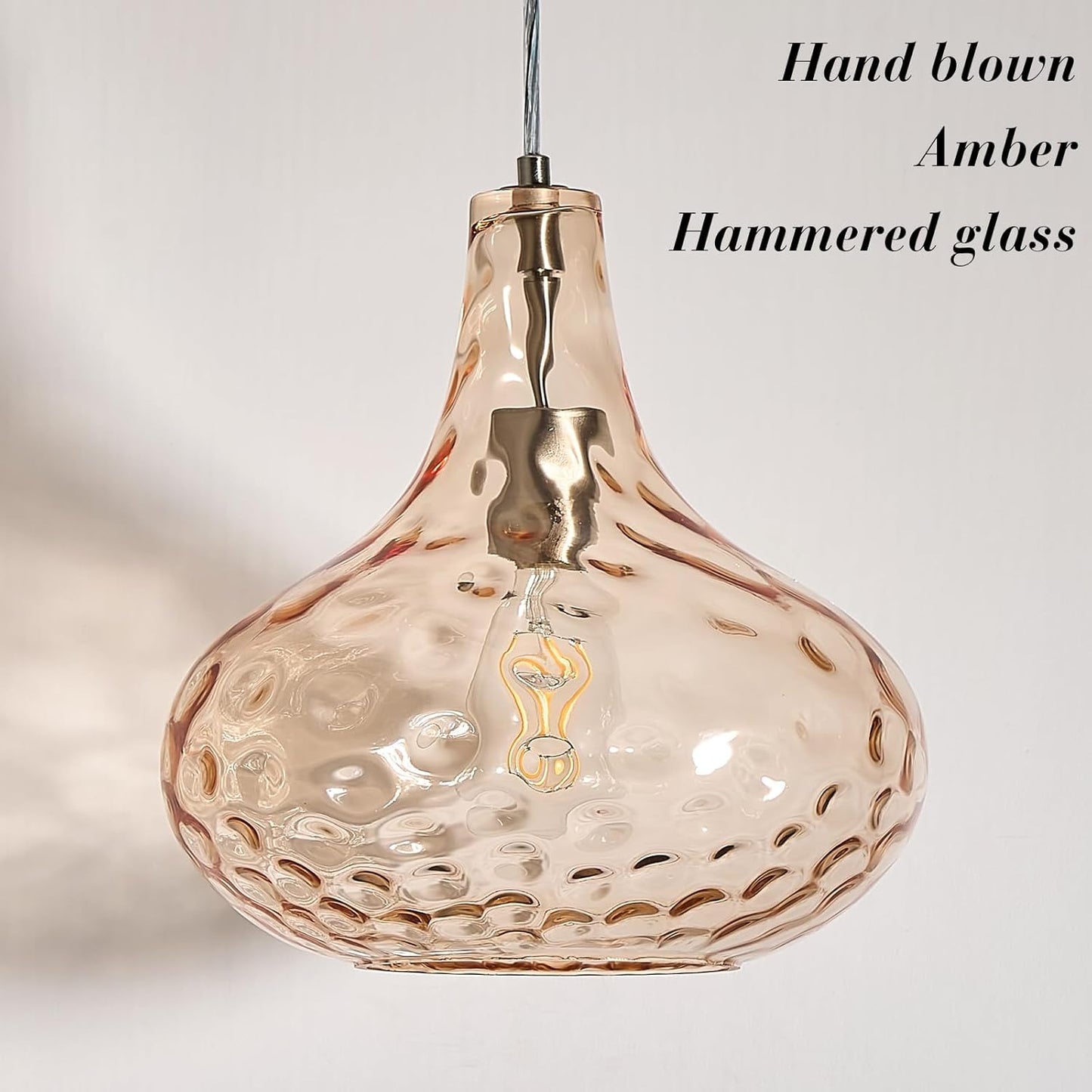 11" Amber Hammered Glass Pendant Light, Blown Glass Hanging Light Fixture with Brushed Nickel Finish, Vintage Modern Ceiling Light for Kitchen Island, Dining Room, Hallway, Living Room