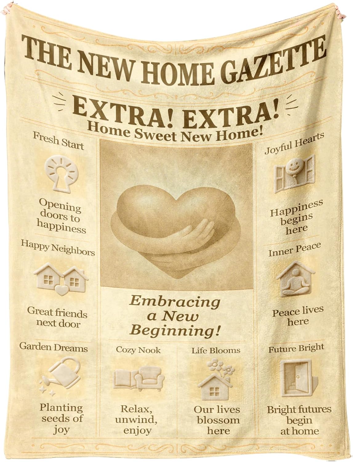 Housewarming Blanket 60x50 Soft Flannel Throw - “New Home Gazette” Vintage Newspaper Style - Neutral Cozy Decor - New Home Gift for Couple, Neighbor, Real Estate Closing