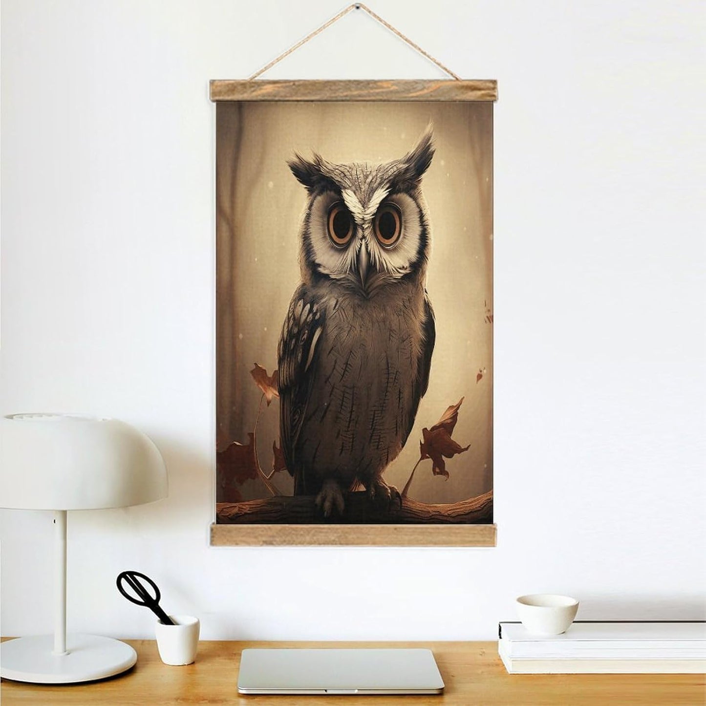 Vintage Cute Owl Poster with Wooden Frame Personalized Linen Hanging Scroll Painting Rustic Wall Hanging Illustrative Modern Artwork Decor for Home Living Room Bedroom Office