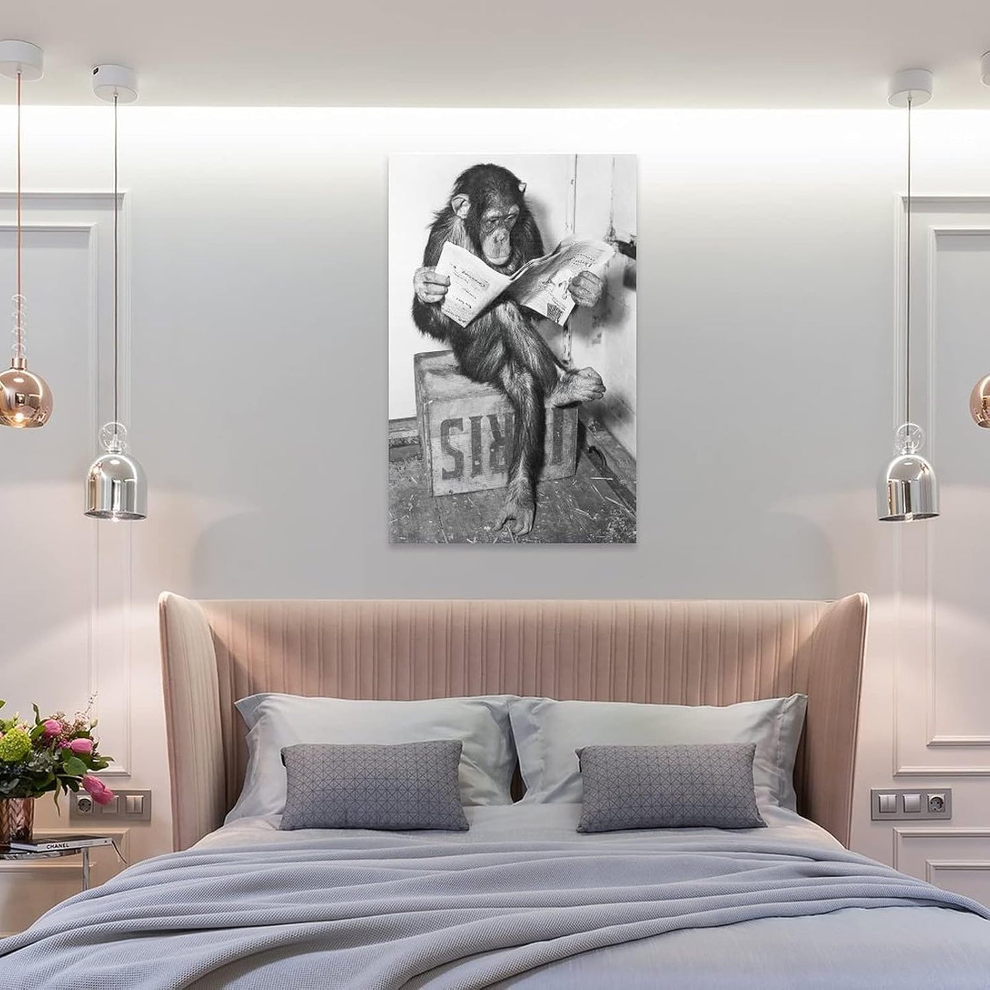 Animals Art Poster Monkey Reading Newspaper Canvas Painting Wall Art Posters and Prints Office Livin Canvas Painting Wall Art Poster for Bedroom Living Room Decor 20x30inch(50x75cm) Frame-Style-1