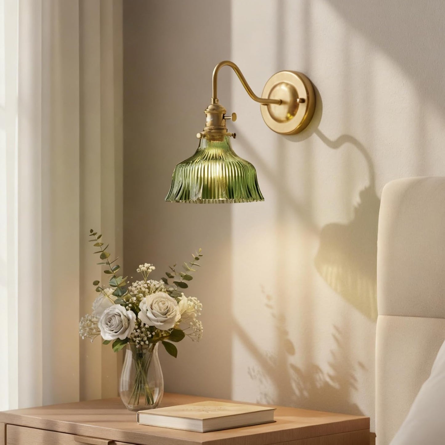 Retro Industrial Style Wall Sconce - Iron Base with Brass Socket, Wall Lights Fixtures with Green Glass Shade, Compatible with E26/E27 Bulbs, Hardwired Installation Reading Lamp