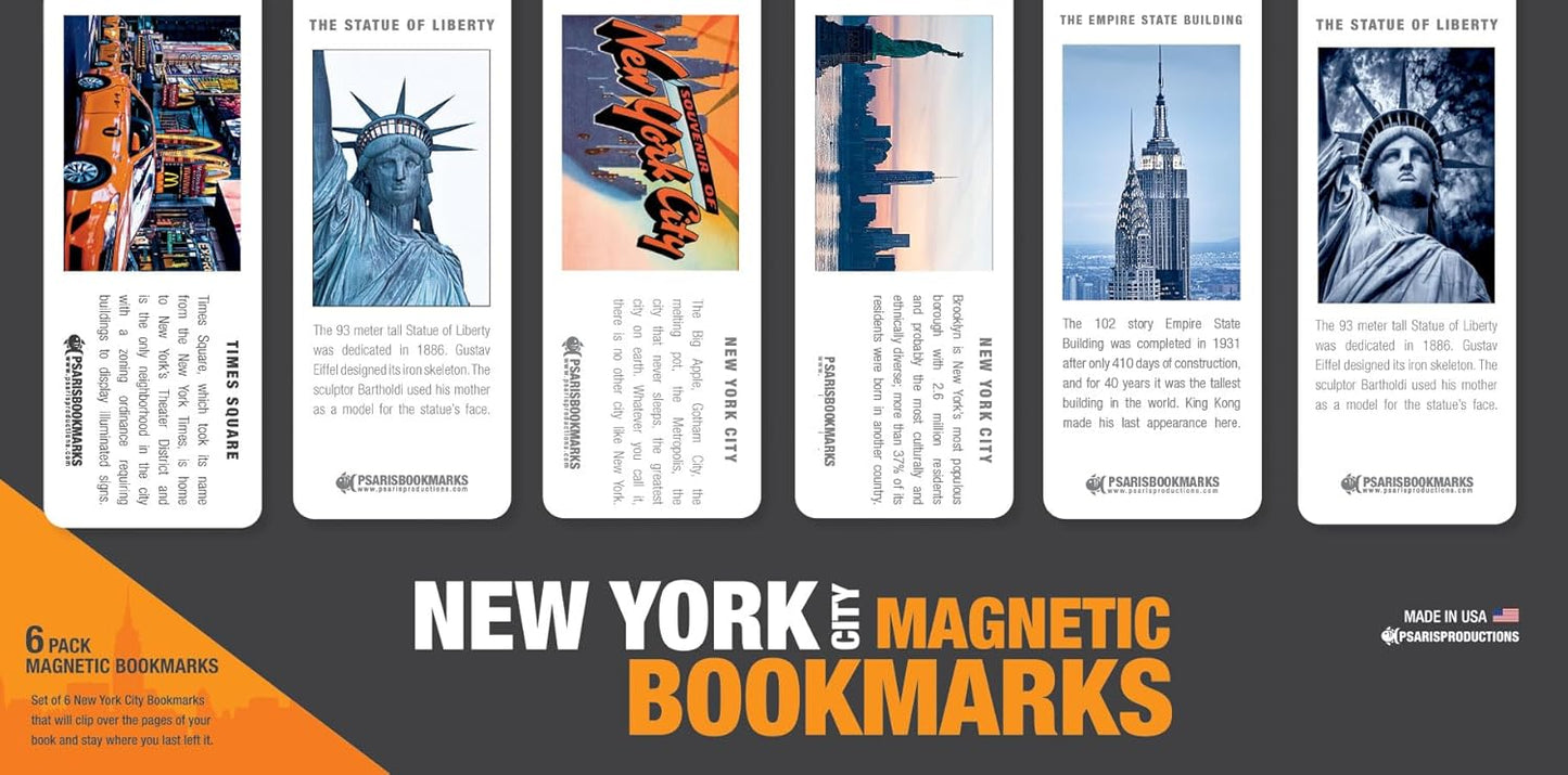 Set of 6 Large New York Magnetic Bookmarks with Soft Touch Silky Smooth Coating. Made in USA