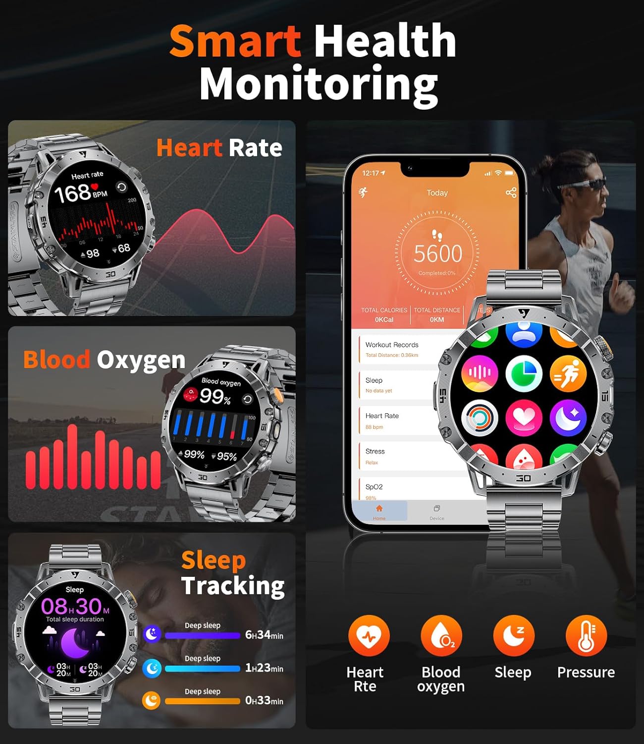 Smart Watches for Men 1000mAh Battery/Flashlight/3 Straps, 1.7" Ultra HD Screen Outdoor Smartwatch with 111 Sports Modes, Heart Rate/Sleep/Calorie Monitor, 5ATM Waterproof Fitness Tracker Android iOS