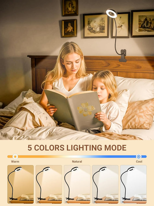 Clip on Lamp,5 Colors+10 Brightness LED Desk Lamp with Clamp,550lm Bright Clip on Light for Bed Headboard/Bedside Table,360°Adjustable Reading Light for Bed,Desk Lights for Home Office Study [Adapter]