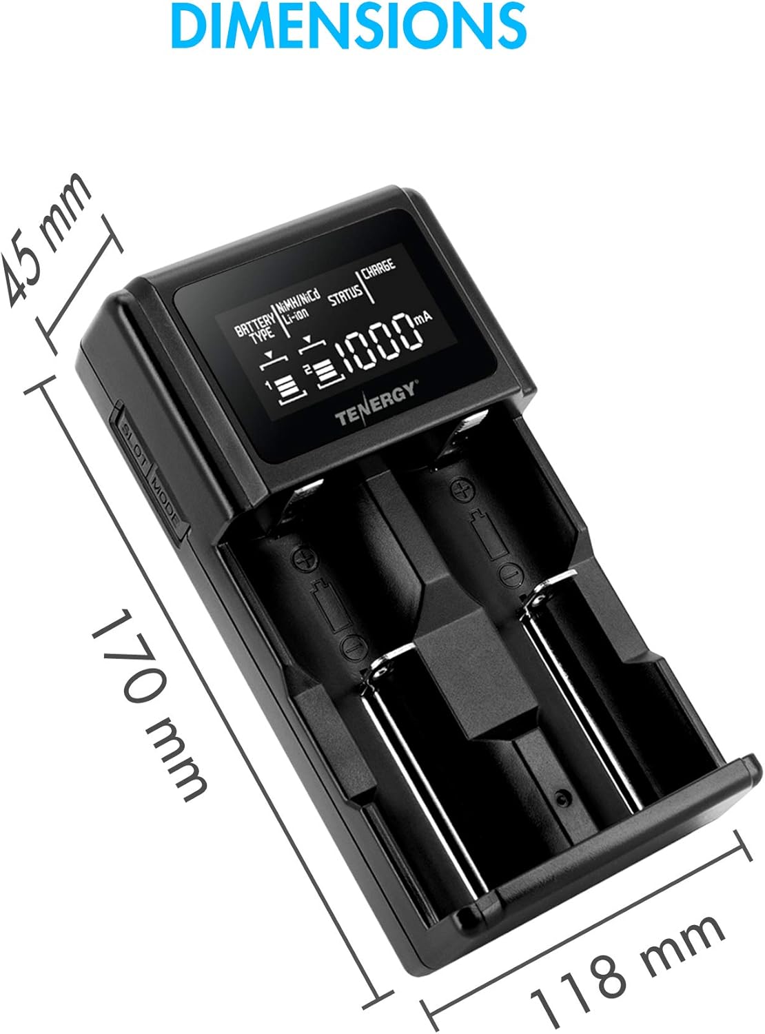 Tenergy TN471U 2-Bay Universal Battery Charger with LCD for Li-ion/NiMH/NiCD Rechargeable Batteries, Micro USB Input, Portable Charger for Batteries Sizes 18650, 16340, 26650, AA, AAA, and More