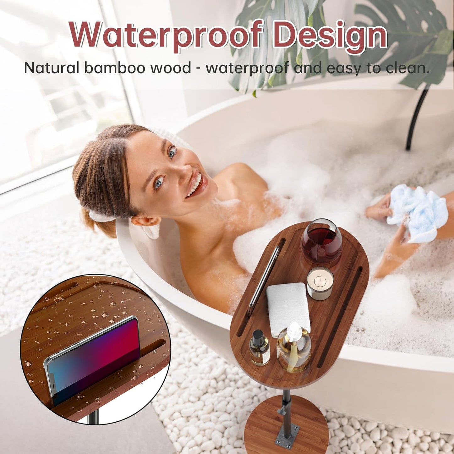 NiHome Bamboo Swivel Sofa Armrest Tray Table for Couch with Thickened Stable Base, Adjustable Height TV Tray Side Table with 360° Rotating for Bath Tub Hot Tub Bedside Balcony, Brown