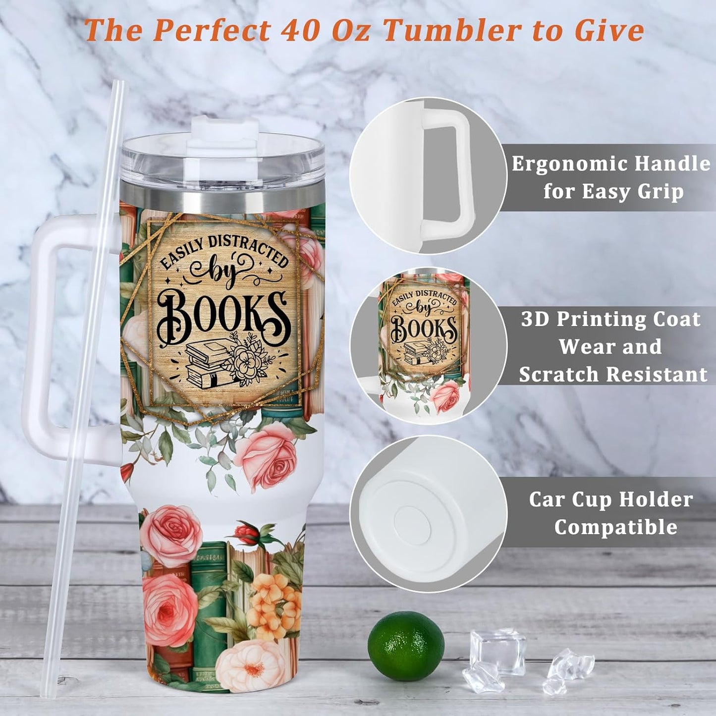 Easily Distracted By Books Book Lover Tumbler, Bookish Gift For Book Lover, Reader, Bookworm, Book-Themed 40 Oz Tumbler with Handle