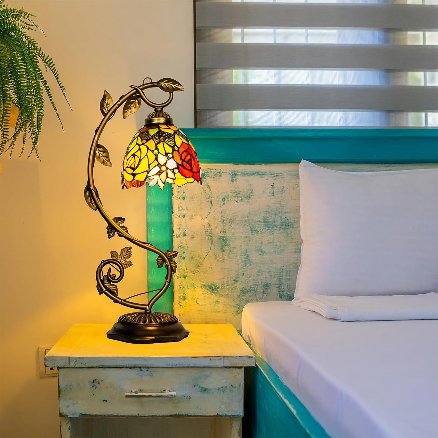 Skyblaze Tiffany Style Table Lamp with Metal Leaf, Stained Glass Desk Lamp, Vintage Night Light, Art Deco Reading Light with Handmade Lampshade for Nightstand Living Room (Rose)