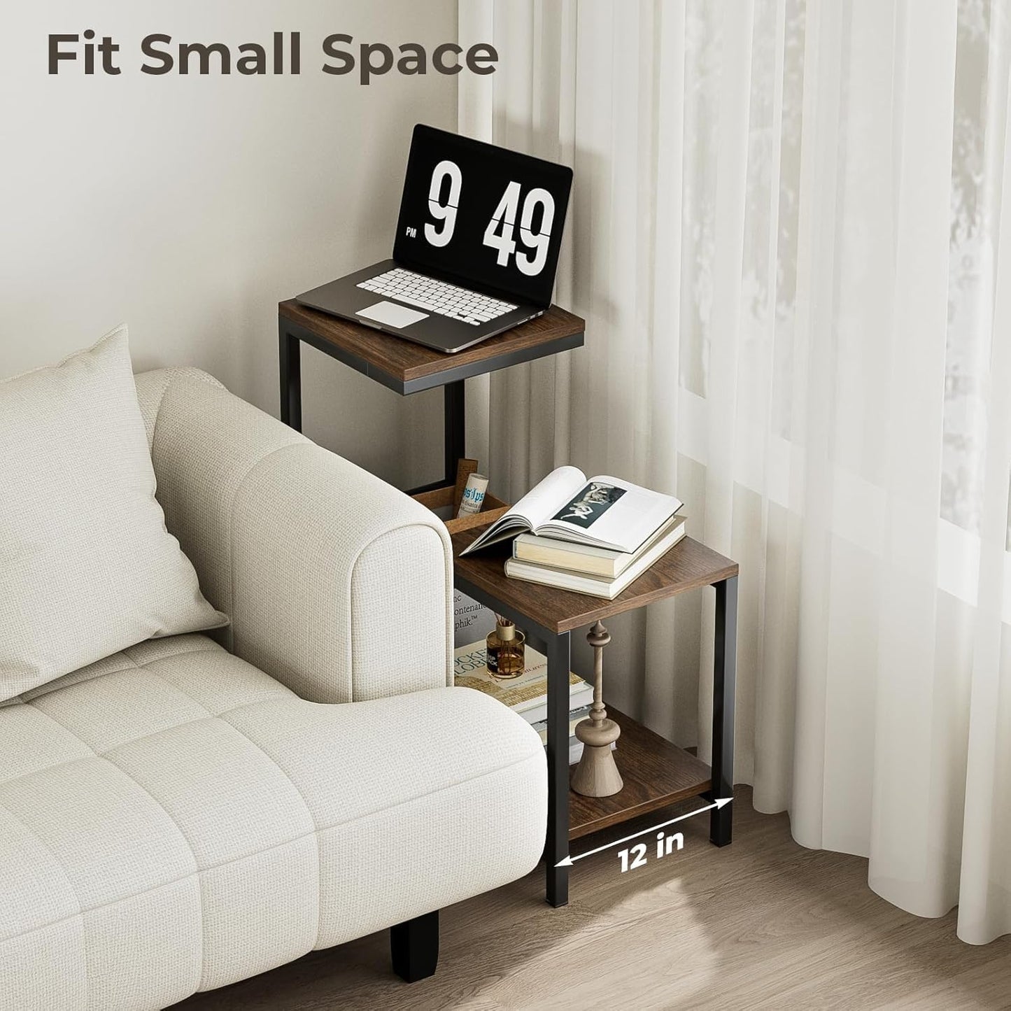 NUNET G-Shaped End Table with Storage Shelf – Rustic Brown Space-Saving Corner Table for Small Spaces, Living Room, Bedroom & Balcony | Multi-Use Side Table for Couch, Office, or Bedside