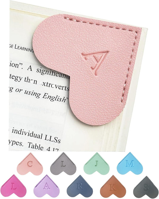 MOTEERLLU Personalized Leather Heart Bookmark with Initials, Handmade, Cute Custom Corner Book Marks for Reading Women, Teachers, Students, Book Lovers Gifts, Book Accessories (Pink, A)