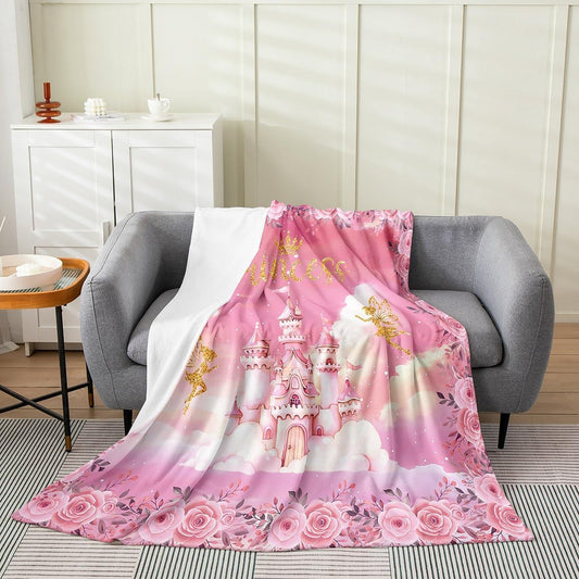 Erosebridal Princess Flannel Blanket Pink Princess Castle Fuzzy Plush Throw Cute Dreamy Gold Fairys Fleece Blanket for Kids Boys Girls,Romantic Rose Flower Clouds Decor for Bed Couch Queen 90"x90"
